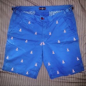 Psycho Bunny British Khaki Shorts Classic Fit Blue 34 All Over Bunny Print